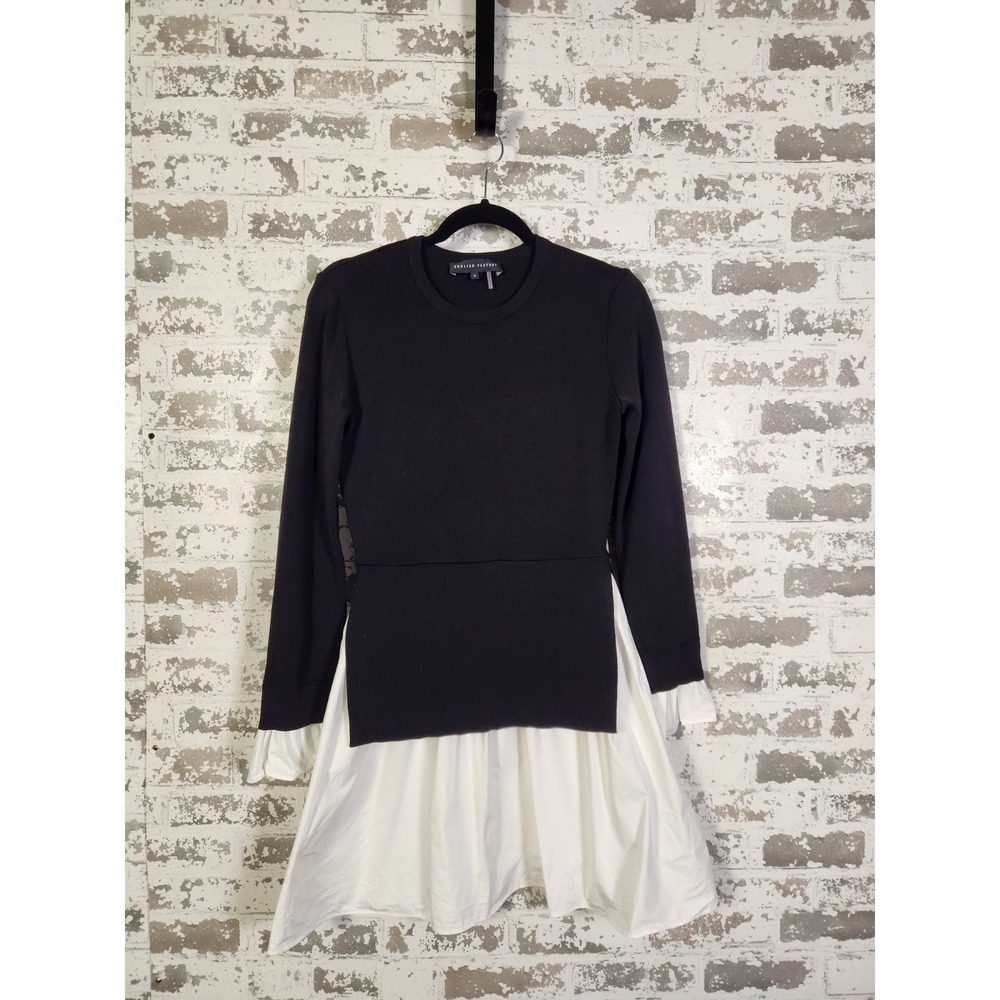English Factory Shirt Dress Small Black White Mixed Media Layered Preppy